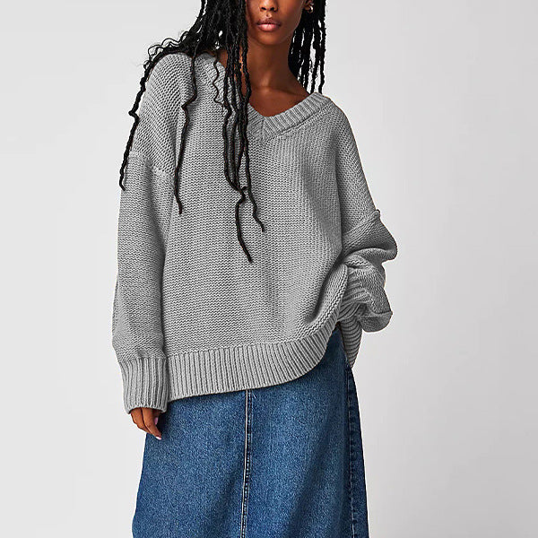 Damen V-Ausschnitt Oversized Pullover mit strukturiertem Strickmuster Drune