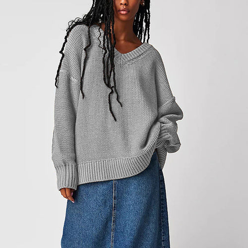 Damen V-Ausschnitt Oversized Pullover mit strukturiertem Strickmuster Drune