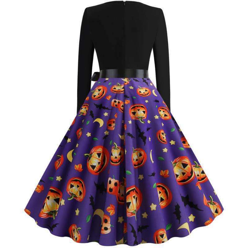 Damen Vintage Swingkleid mit Halloween-Kürbisprint und tailliertem Satinschärpenbund Drune