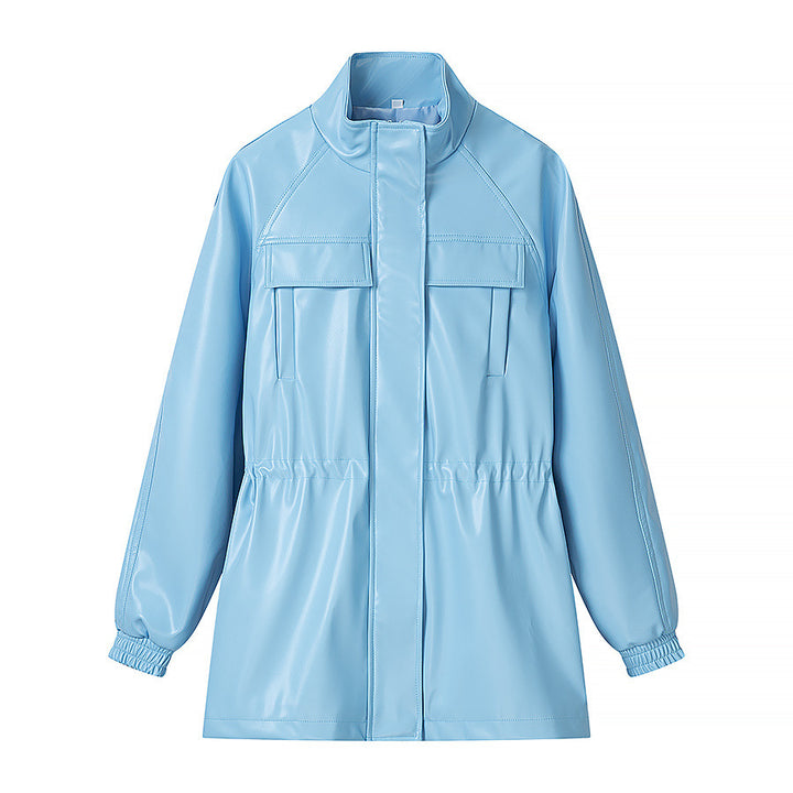 Damen Kunstleder-Parka mit Tunnelzugtaillen, Stehkragen und Pattentaschen Drune
