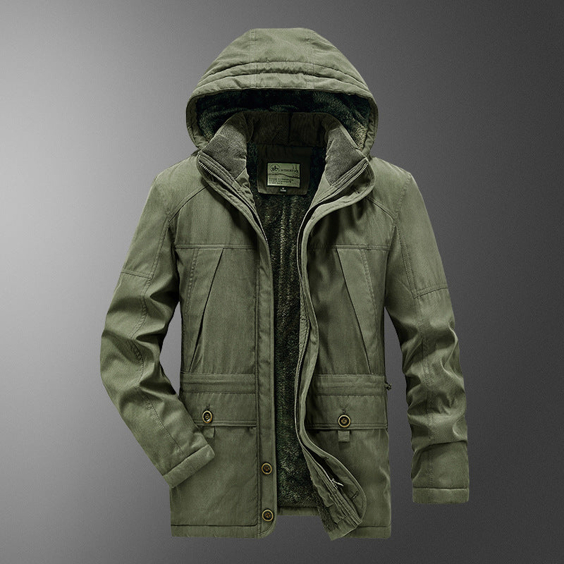 Herren gefütterter Kapuzenparka mit Thermo-Teddyfutter, winddichter Baumwollmix-Außenschale und Mehrfachtaschen Drune