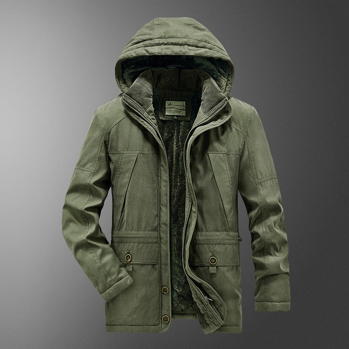 Herren gefütterter Kapuzenparka mit Thermo-Teddyfutter, winddichter Baumwollmix-Außenschale und Mehrfachtaschen Drune