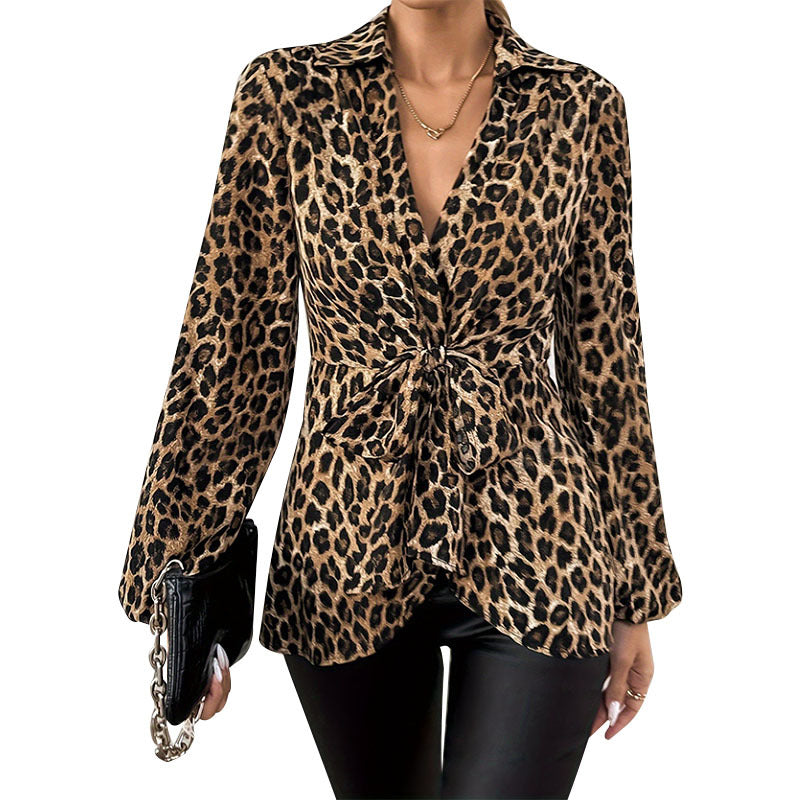 Damen maßgeschneiderte Wickelbluse mit Leopardenmuster, Hemdkragen und Bindegürtel Drune