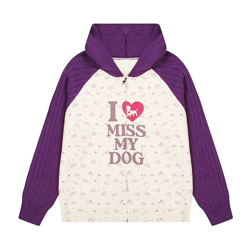 Damen Kapuzen‑Strickjacke mit durchgehendem Reißverschluss, gerippten Ärmeln und Hunde‑Statement‑Print Drune