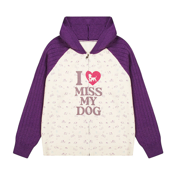 Damen Kapuzen‑Strickjacke mit durchgehendem Reißverschluss, gerippten Ärmeln und Hunde‑Statement‑Print Drune
