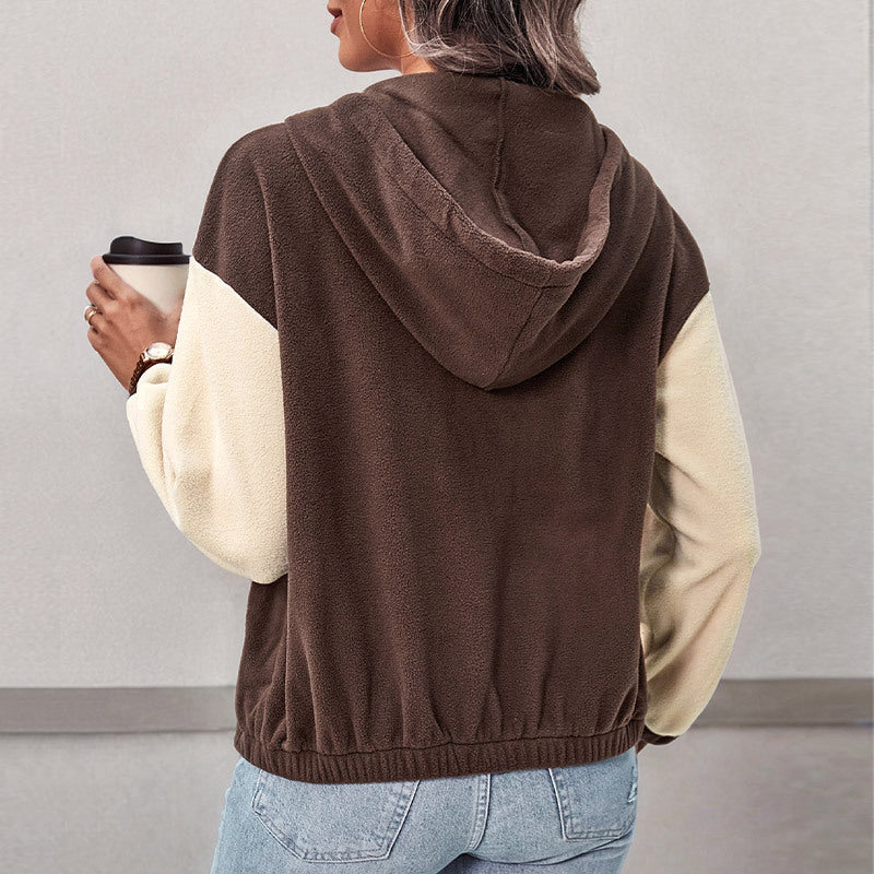 Damen Colorblock-Fleecejacke mit Kapuze, Reißverschluss und Kängurutaschen Drune