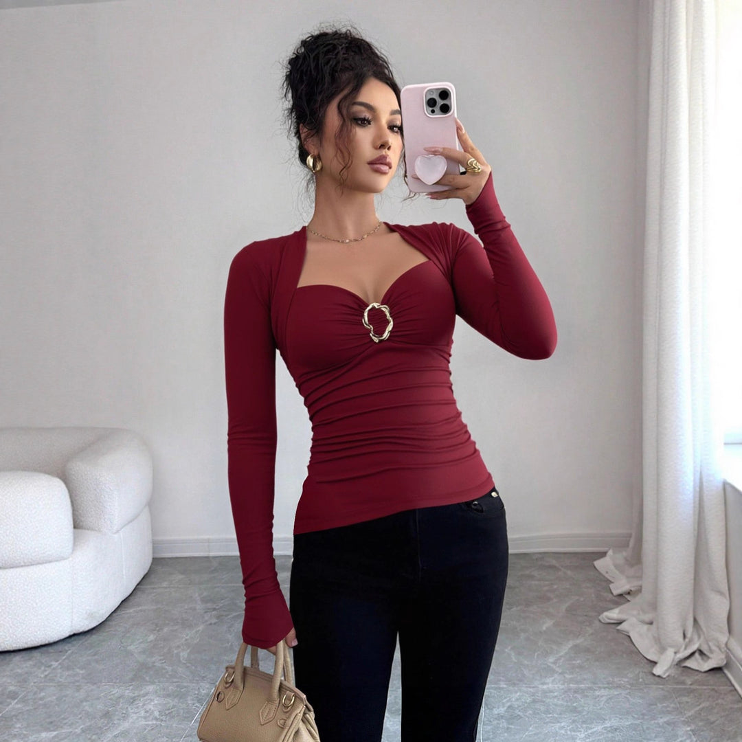 Damen nan figurbetontes Raffung-Top mit herzförmigem Dekolleté, Bustier-Optik und goldener Schmuckklemme Drune