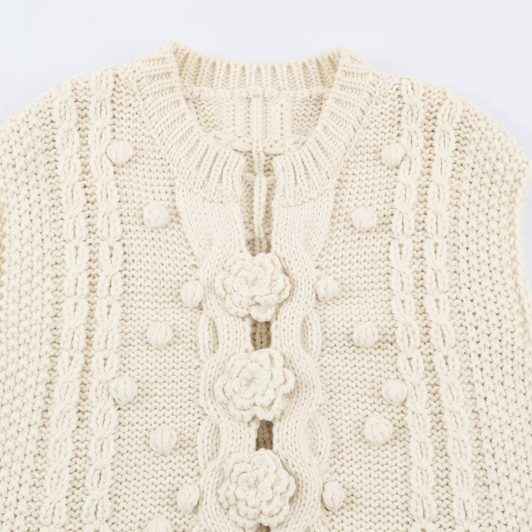 Damen Strickweste mit Zopfmuster, Blumenapplikationen und Noppenstruktur Drune