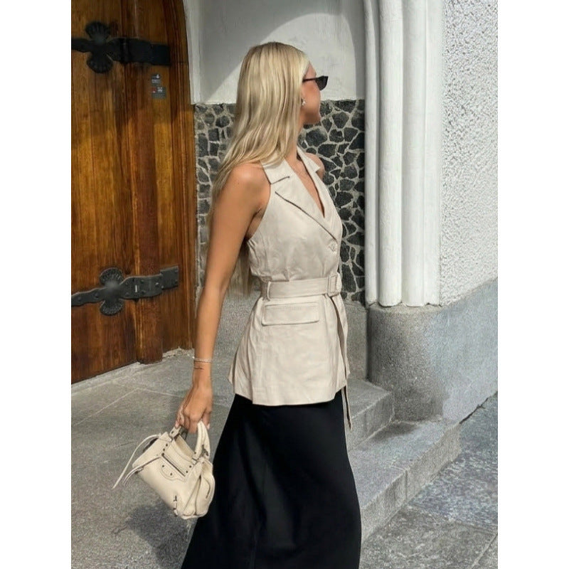 Damen ärmellose Blazer mit Bindegürtel und hoher Taillierung Drune