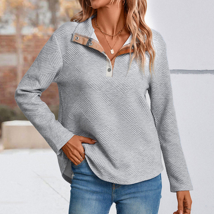 Damen Quilted-Textur Sweatshirt mit Halbkragen und Druckknopfleiste Drune