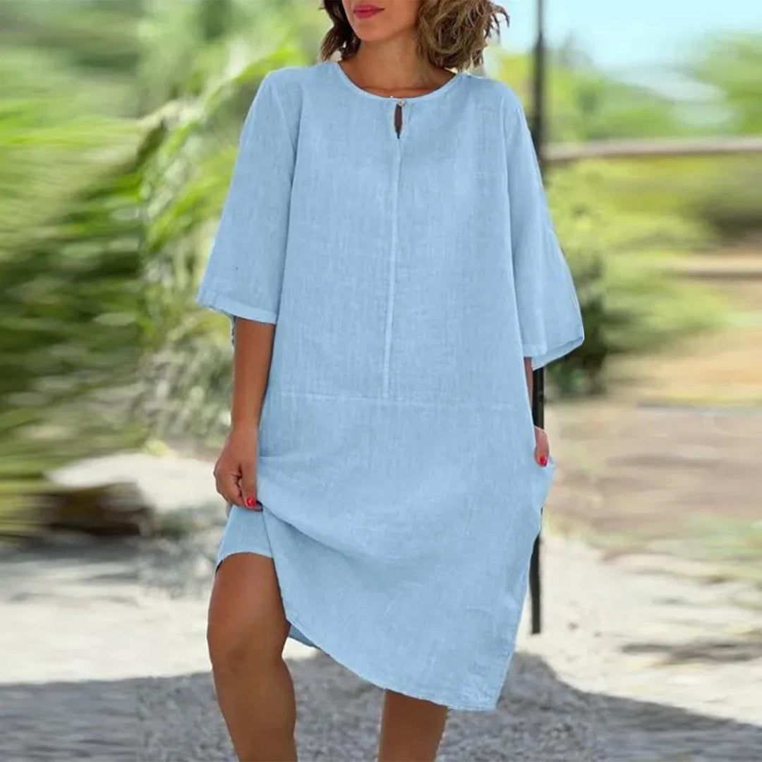 Damen luftig geschnittenes Kleid mit praktischen Taschen und elegantem Ausschnitt Drune