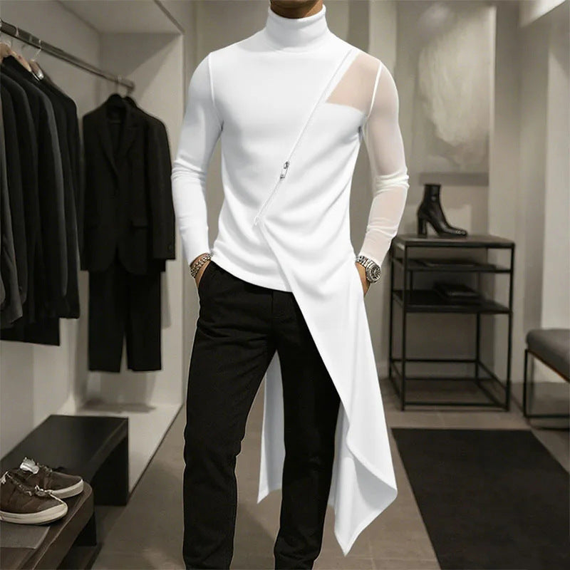 Damen nan avantgardistisches Longshirt mit schrägem Reißverschluss, Stehkragen und unregelmäßigem Zipfelsaum Drune