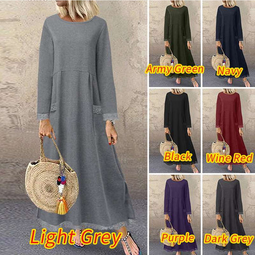 Damen nan Maxikleid mit lockerem A‑Linien Schnitt, Rundhalsausschnitt, aufgesetzten Eingrifftaschen und zierlichem Spitzenbesatz Drune