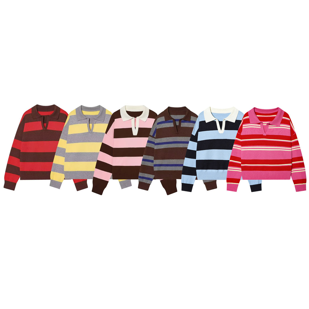 Damen nan gestreifter Feinstrick-Polopullover mit Knopfleiste, Rippbündchen und leichter Wollmischung Drune