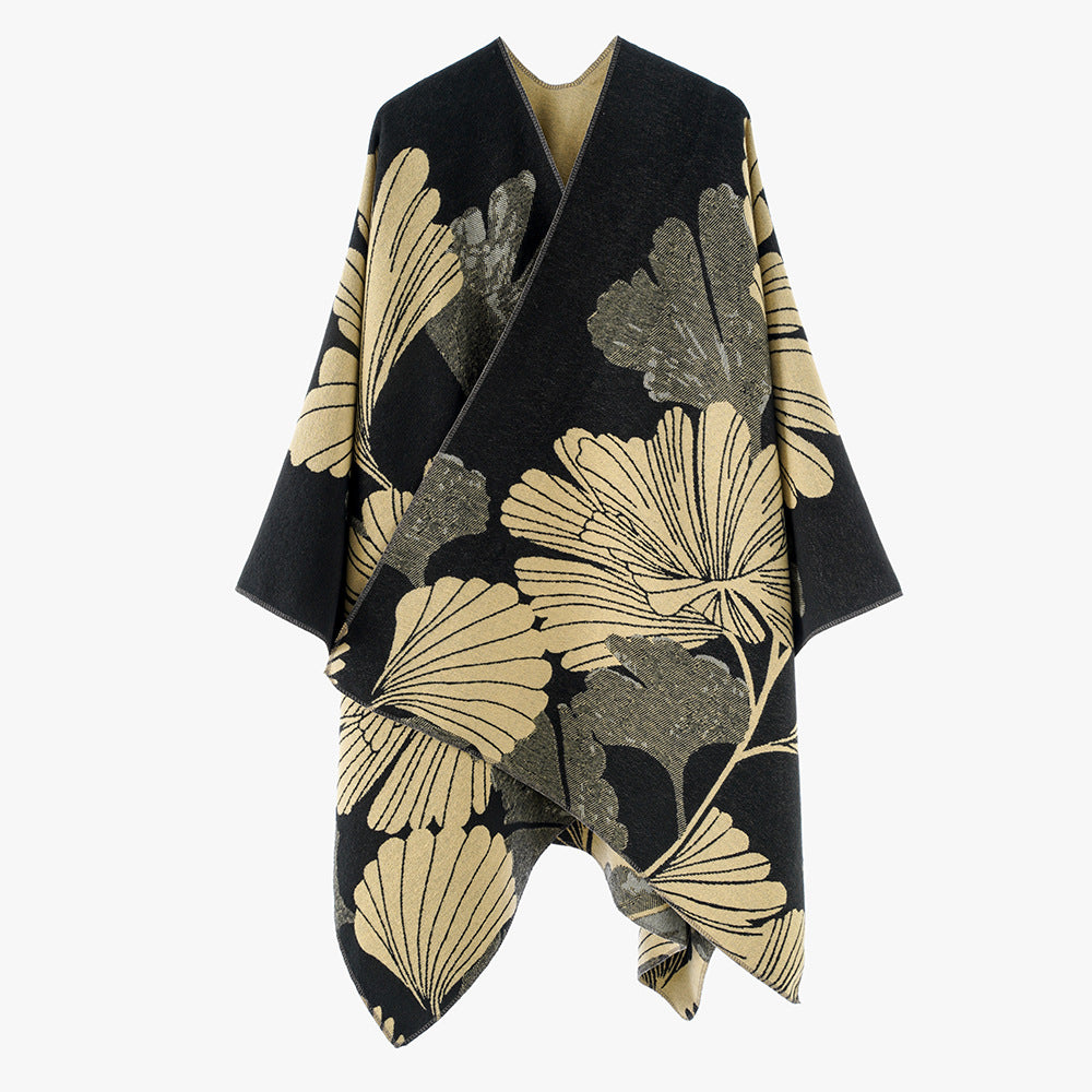 Damen Jacquard‑Capeponcho mit großflächigem Blatt‑Jacquard und offenem Wickelschnitt Drune