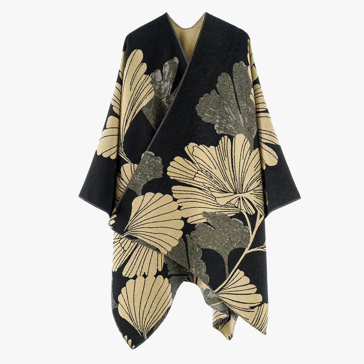 Damen Jacquard‑Capeponcho mit großflächigem Blatt‑Jacquard und offenem Wickelschnitt Drune