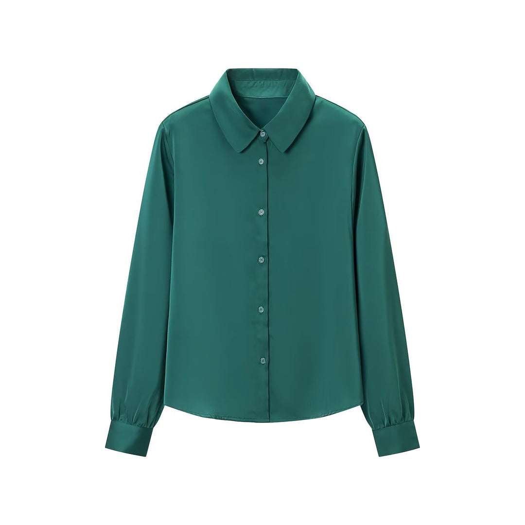 Damen Seidenähnliche Hemdbluse mit durchgehender Knopfleiste und breitem Kragen Drune