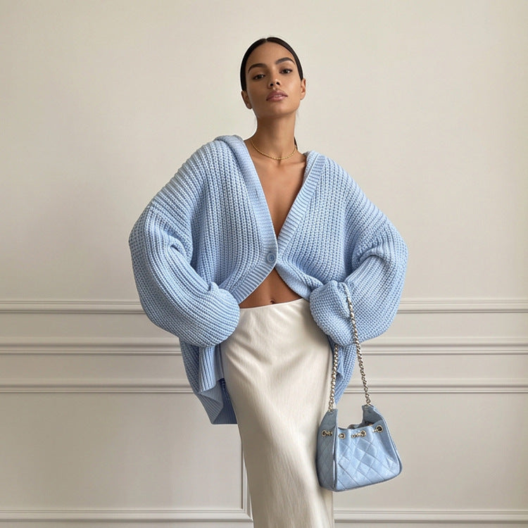 Damen Oversized Kapuzen-Strickcardigan mit Ballonärmeln und Knopfleiste Drune
