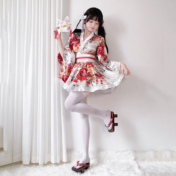 Damen traditionelles Kimono-Kleid mit fließendenÄrmeln und floralem Muster Drune