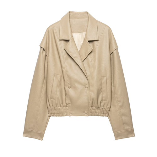 Damen Kurzjacke aus Kunstleder mit breitem Revers und gerafftem Saum Drune