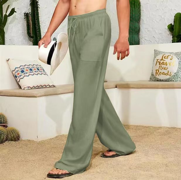 Herren weite Leinenhose mit Tunnelzug, aufgesetzten Seitentaschen und Relaxed-Fit Drune