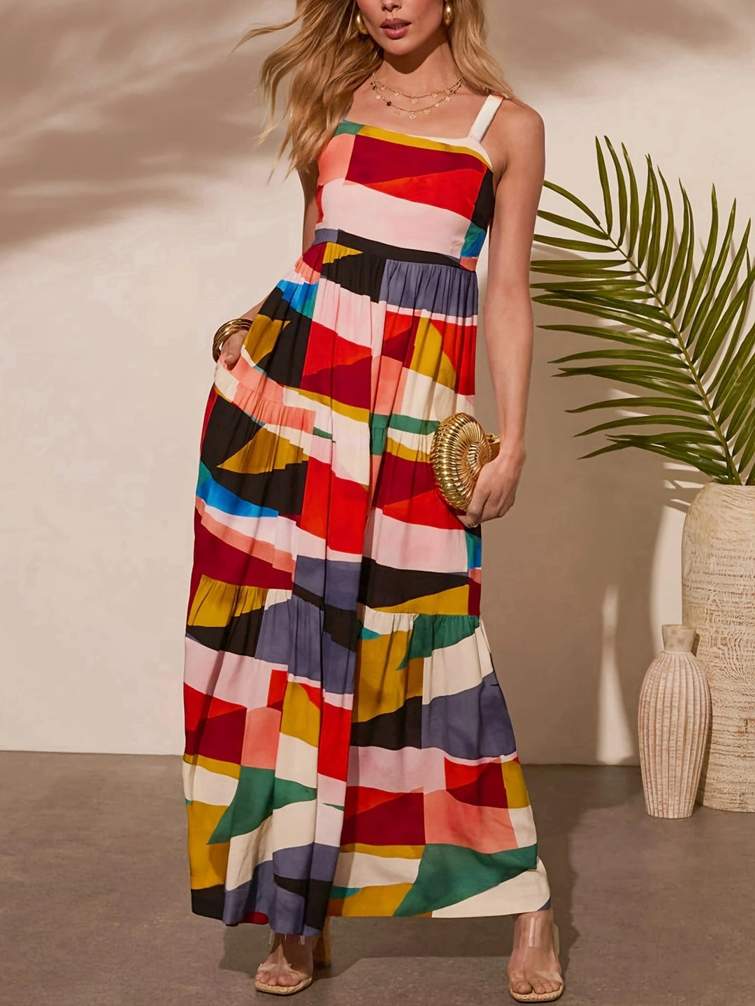 Damen Maxikleid mit buntem geometrischem Muster Drune