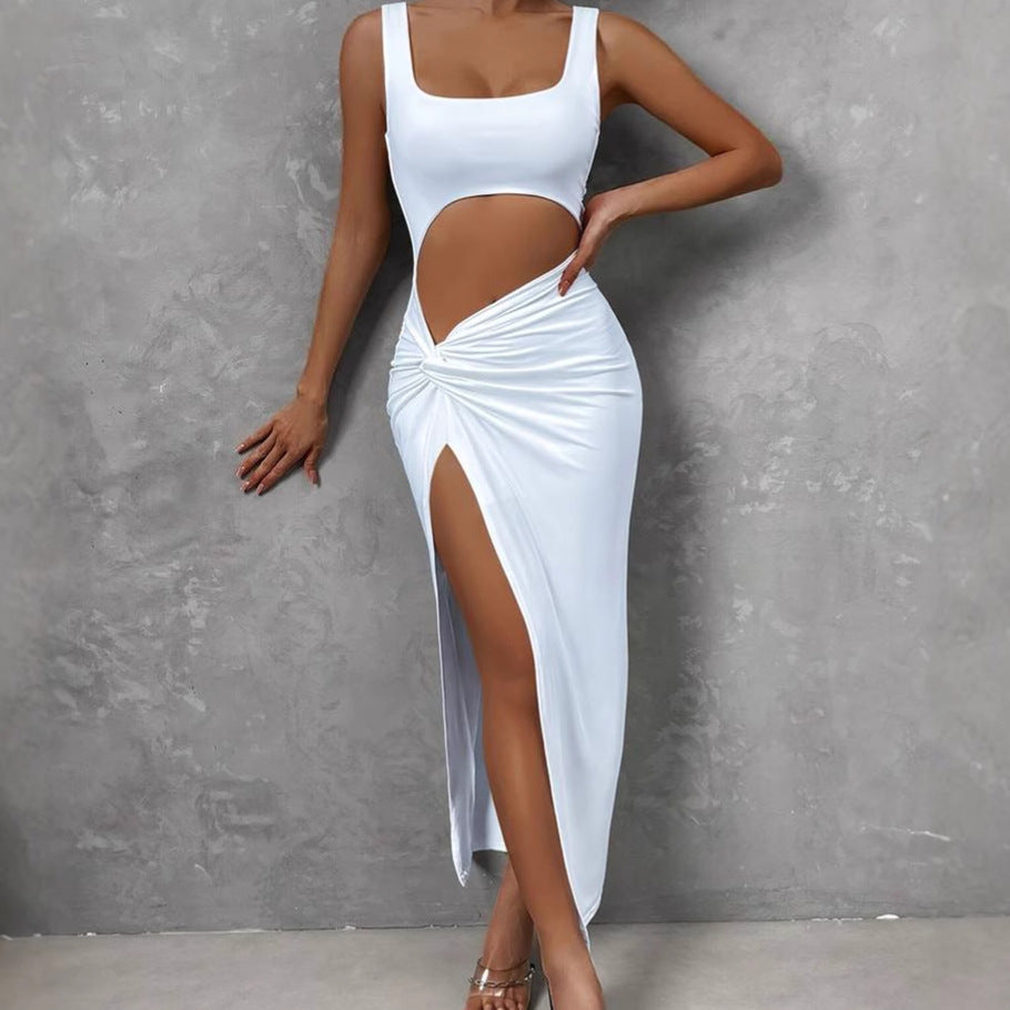 Damen Figurbetontes Cut-Out Maxikleid mit hohem Schlitz und Rüschendetail Drune