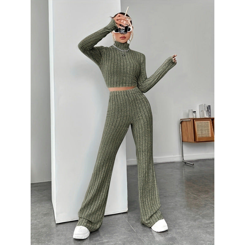 Damen Zweiteiliges Set mit hochgeschlossenem Pullover und ausgestellter Hose Drune