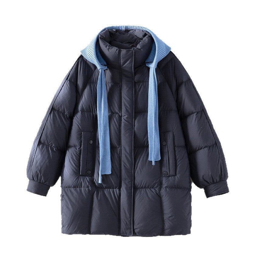 Damen wattierte Steppjacke mit Kapuze Rippkragen weitem Schnitt und Midilänge Drune