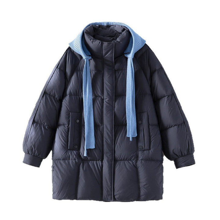 Damen wattierte Steppjacke mit Kapuze Rippkragen weitem Schnitt und Midilänge Drune