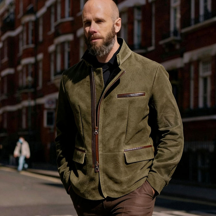 Herren Lederjacke mit hohem Stehkragen und asymmetrischem Zweiwege-Reißverschluss Drune