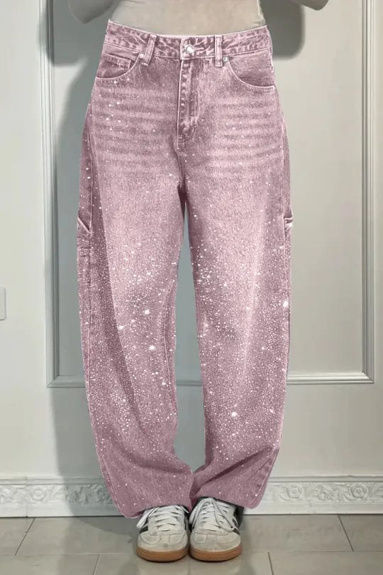 Damen High-Waist Jeans im weiten Cargo-Schnitt mit funkelndem Strassbesatz Drune