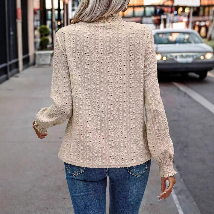 Damen Lochspitzen-Bluse mit gerafftem Stehkragen und Smok-Ärmeln Drune