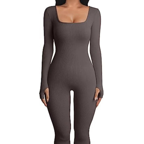 Damen nan figurbetonter gerippter Jumpsuit mit quadratischem Ausschnitt Drune