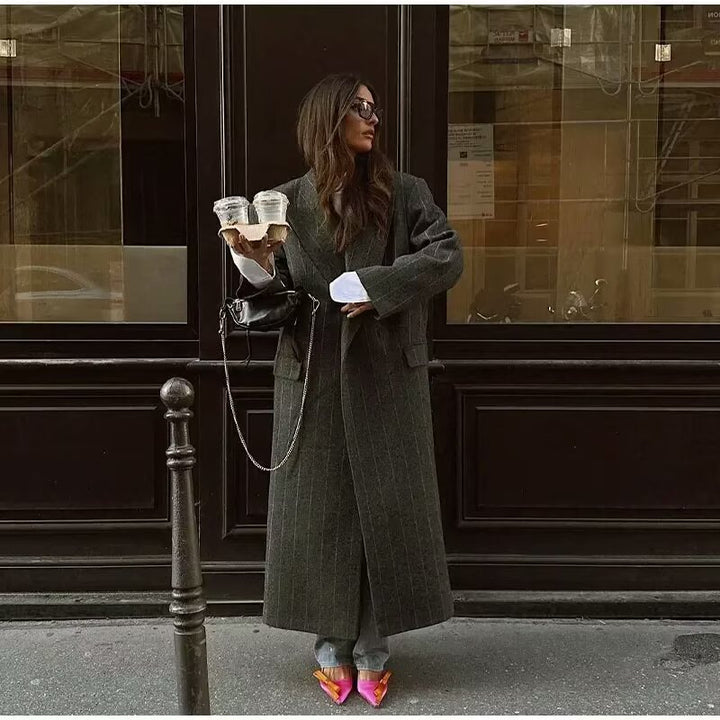 Damen nan langer Zweireiher-Mantel im Nadelstreifen-Look mit großem Revers und Pattentaschen Drune