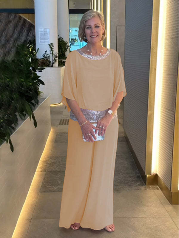 Damen Elegantes Zweiteiliges Abendensemble mit Chiffon-Cape, Paillettenbesatz und Palazzo-Hose Drune