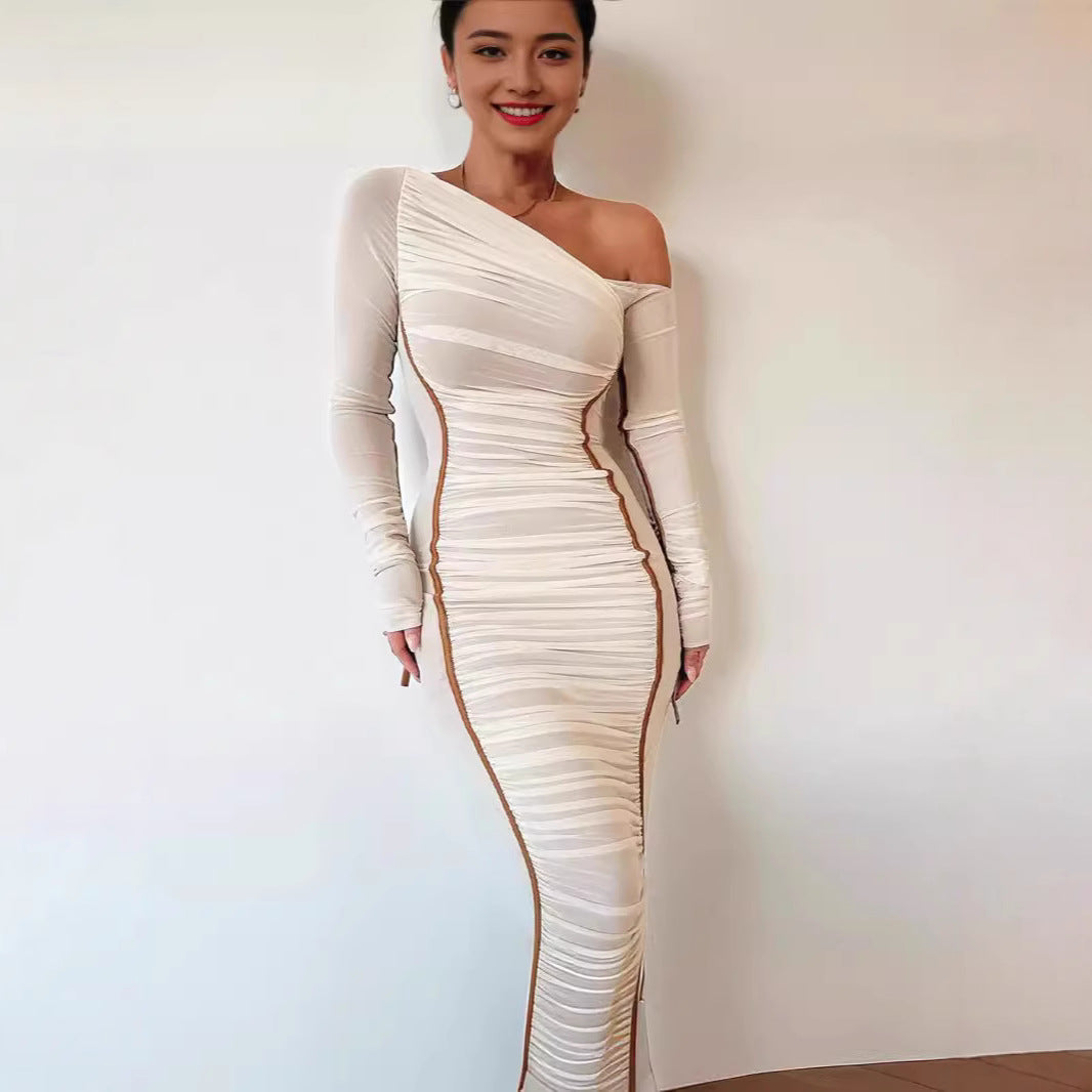 Damen Langarm-Midi-Kleid mit asymmetrischem Schnitt und romantischem Rüschendesign Drune