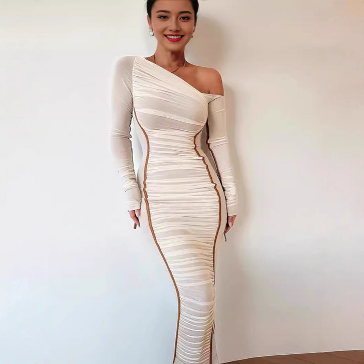 Damen Langarm-Midi-Kleid mit asymmetrischem Schnitt und romantischem Rüschendesign Drune