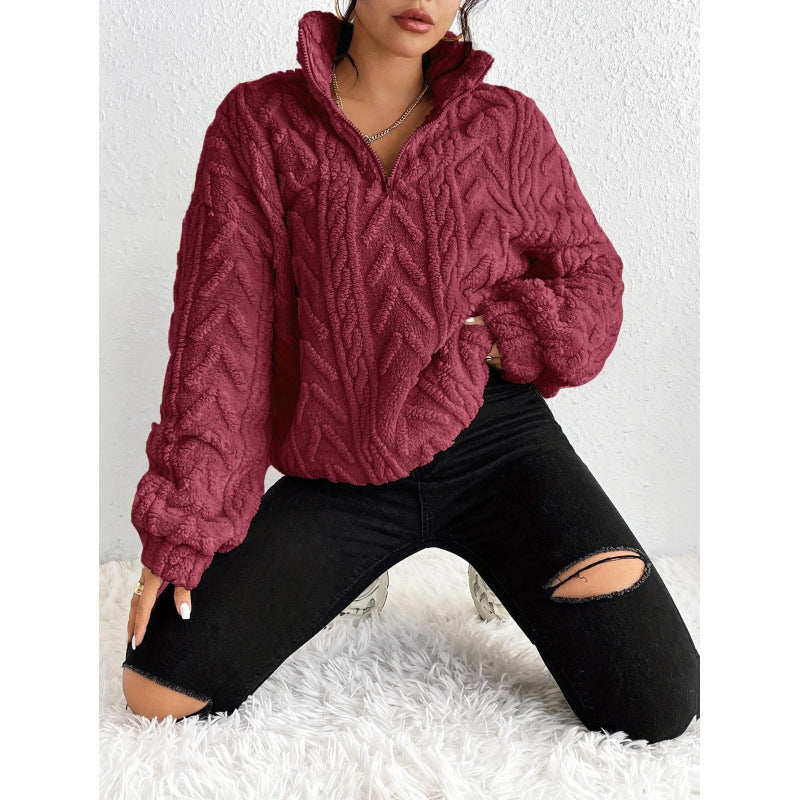 Damen Trendiger Fleece-Pullover mit hohem Kragen und Struktur Drune