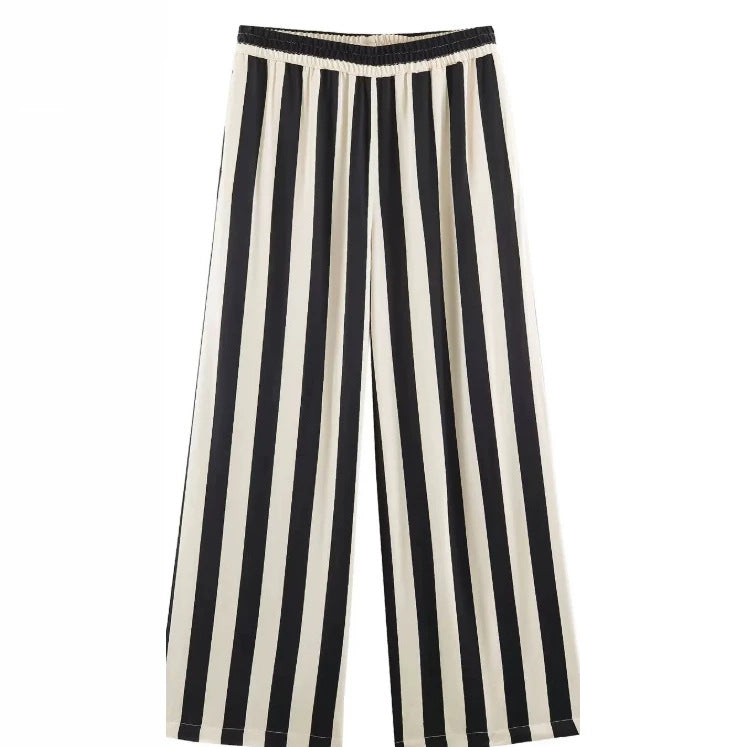 Damen Weite High‑Waist Palazzohose mit vertikalem Streifenmuster und elastischem Bund Drune
