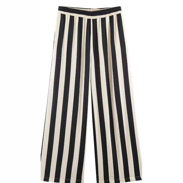 Damen Weite High‑Waist Palazzohose mit vertikalem Streifenmuster und elastischem Bund Drune