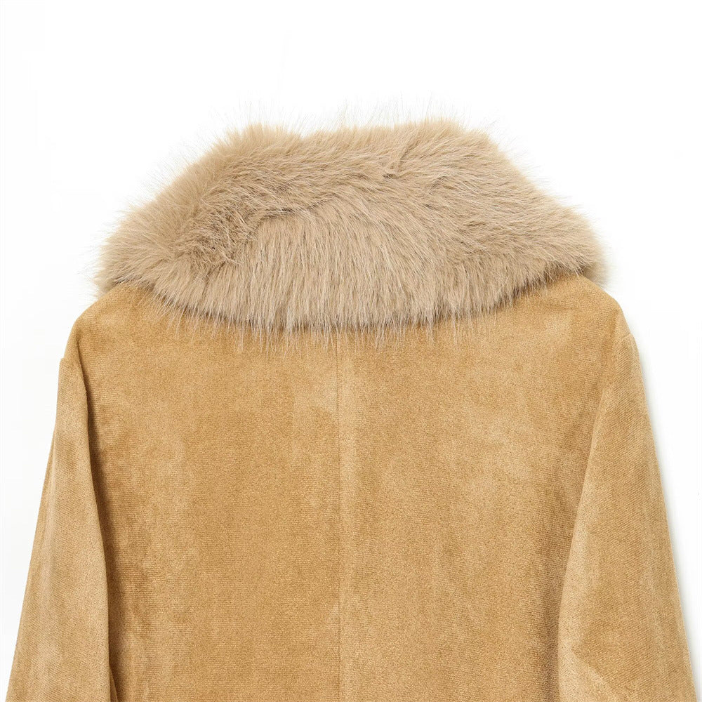 Damen Kurzjacke aus Veloursimitat mit voluminösem Schalkragen und Fellbündchen Drune