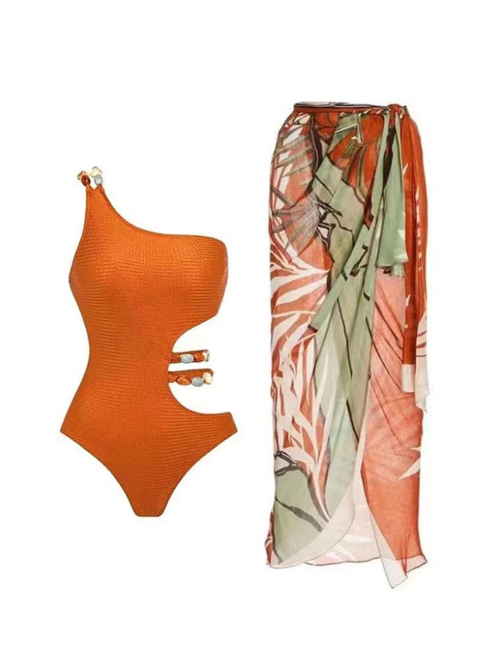 Damen Einteiler Badeanzug mit asymmetrischem Schnitt und floralem Wickelrock Drune