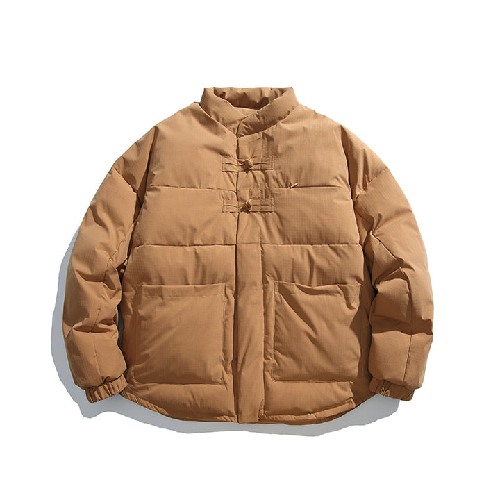 Unisex Boxy wattierte Stehkragenjacke mit chinesischen Knebelverschlüssen und großen Fronttaschen Drune