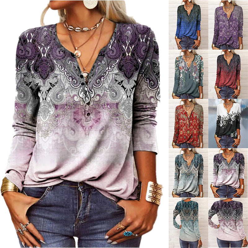 Damen Lockeres Langarm‑Henleyshirt mit V‑Ausschnitt, Knopfleiste und Ombre‑Print Drune