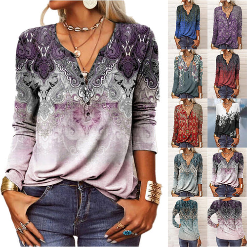 Damen Lockeres Langarm‑Henleyshirt mit V‑Ausschnitt, Knopfleiste und Ombre‑Print Drune
