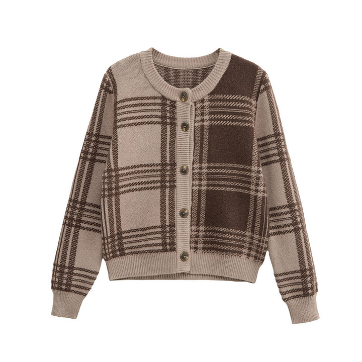 Damen modische Karierte Strickjacke mit eleganten Knopfdetails Drune