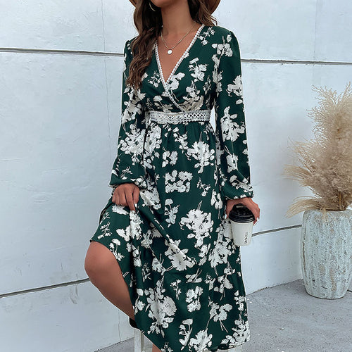 Damen Wickel-Midikleid im Boho-Stil mit Spitzenpasse, Häkel-Taillenband & seitlichem Beinschlitz Drune