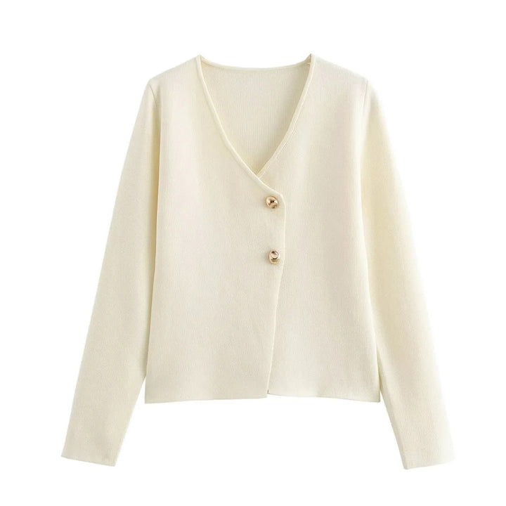 Damen angenehm weicher Strickpullover mit elegantem V-Ausschnitt und maritimen Knopfdetails Drune