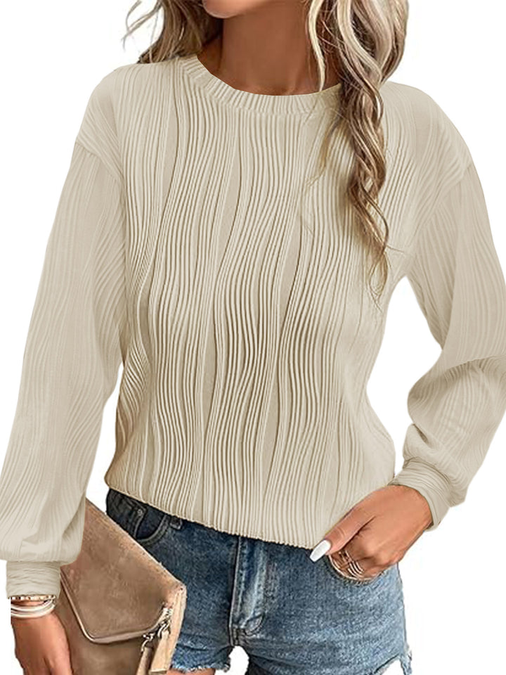 Damen Fein plissiertes Langarmshirt mit Rundhalsausschnitt und strukturierter Wellenoptik Drune